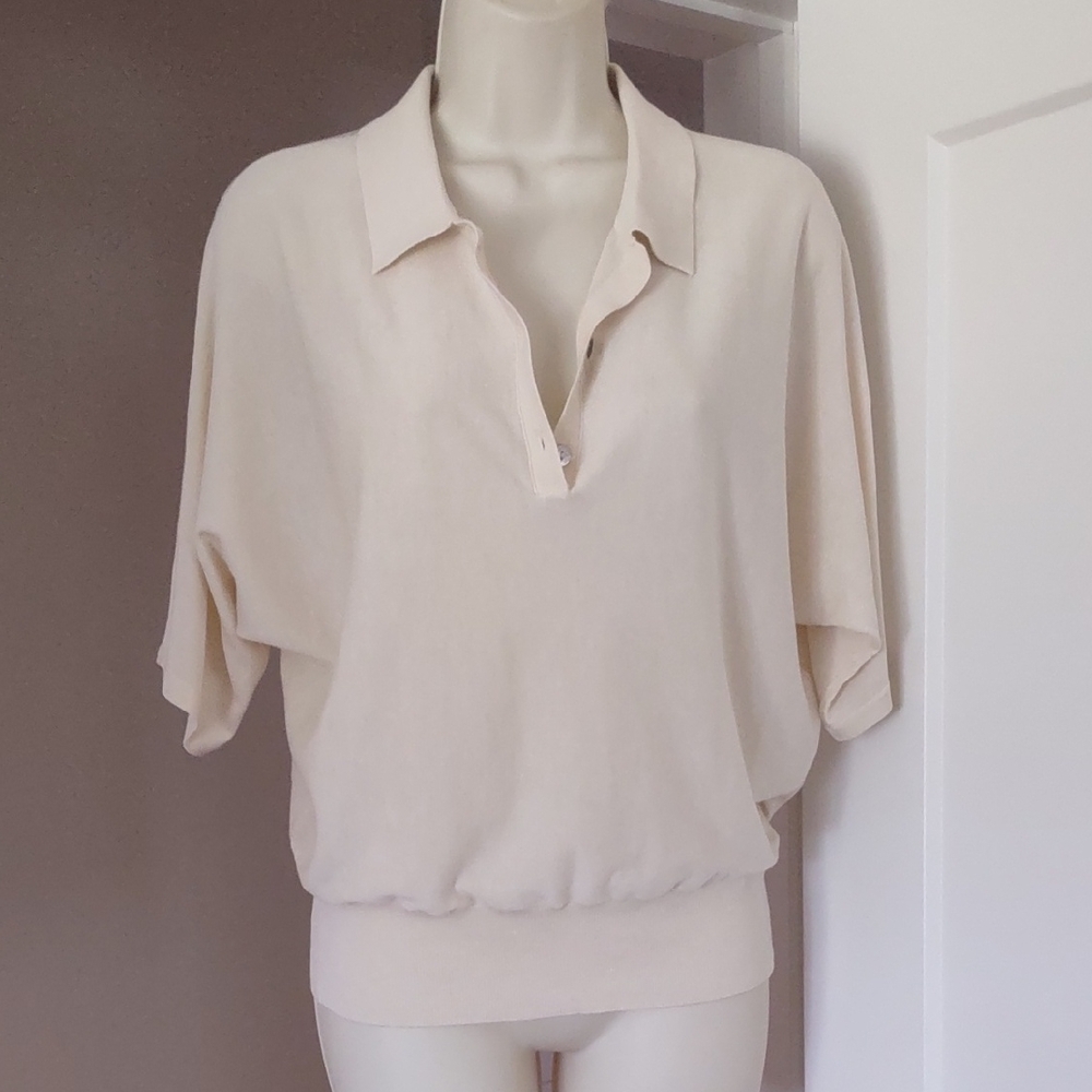 Zara Cream Polo-Style Short Dolman Sleeve Tunic - Size Medium